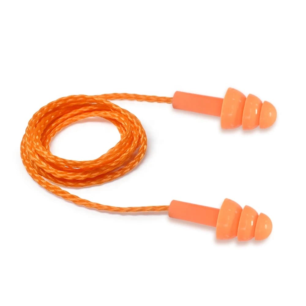 Corded Flanged PU Foam Earplugs, 25 dB NRR, Reusable, CE/ANSI 4