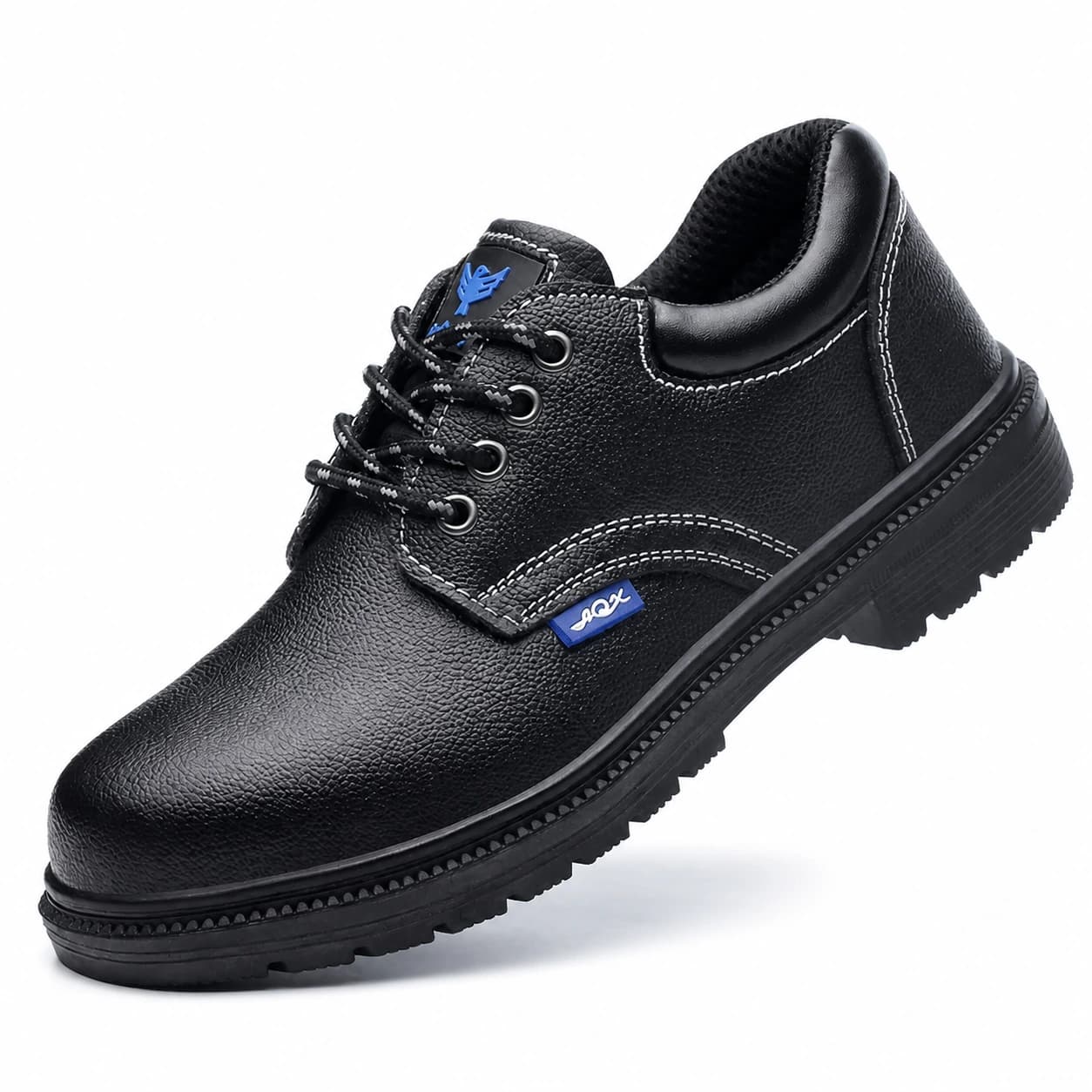 Black cowhide steel toe puncture-resistant safety shoes three-quarter view