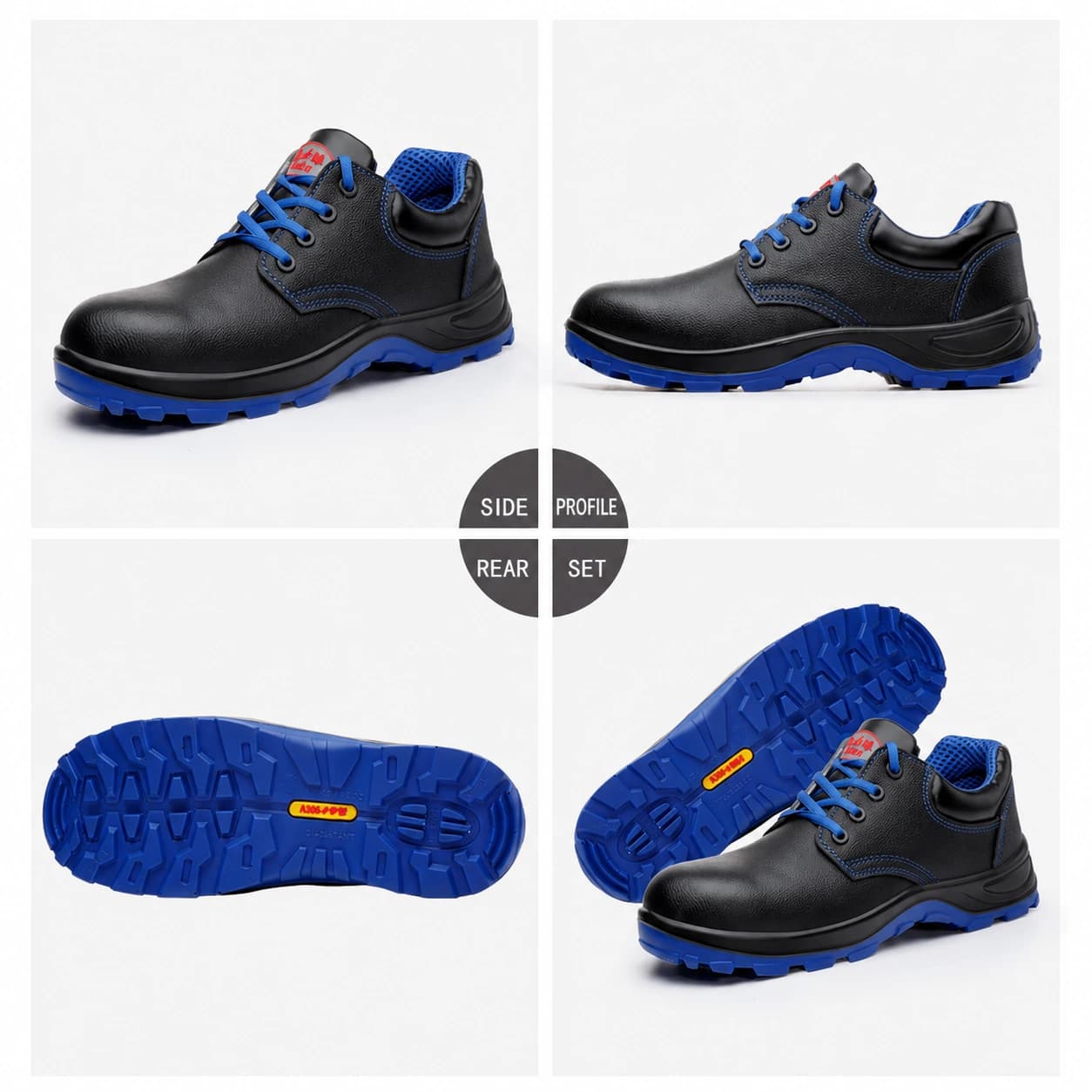 Multi-angle views of black electrician safety shoes with blue outsole