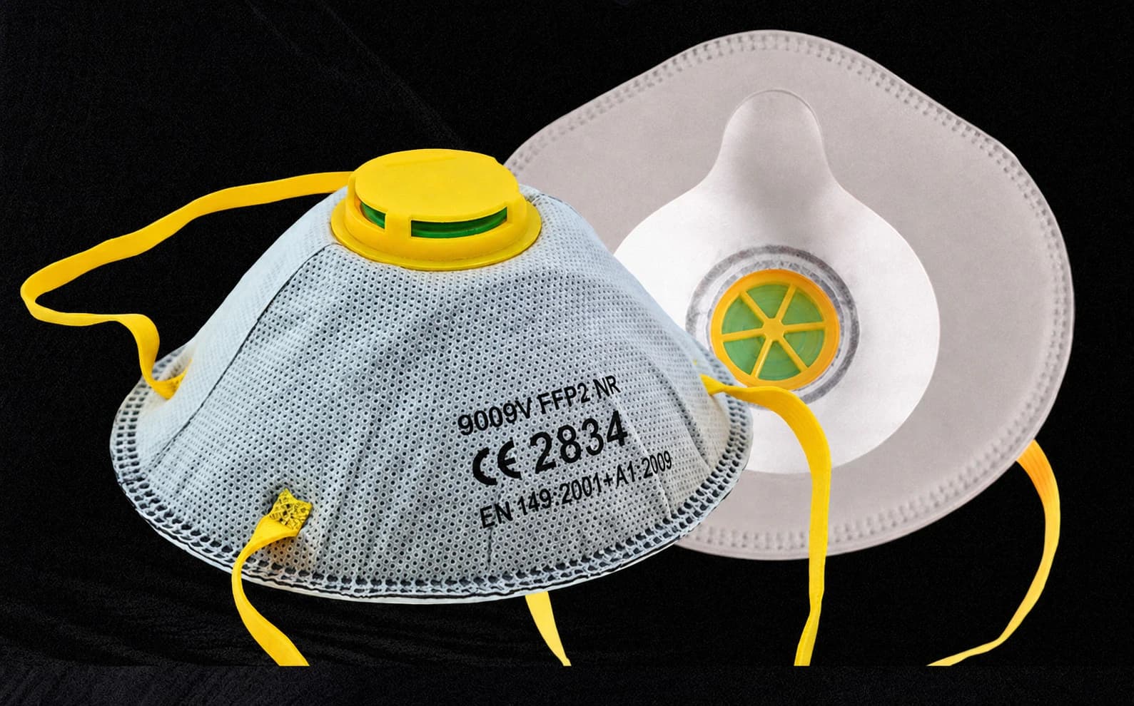 Cup-shaped respirator with exhalation valve angled view