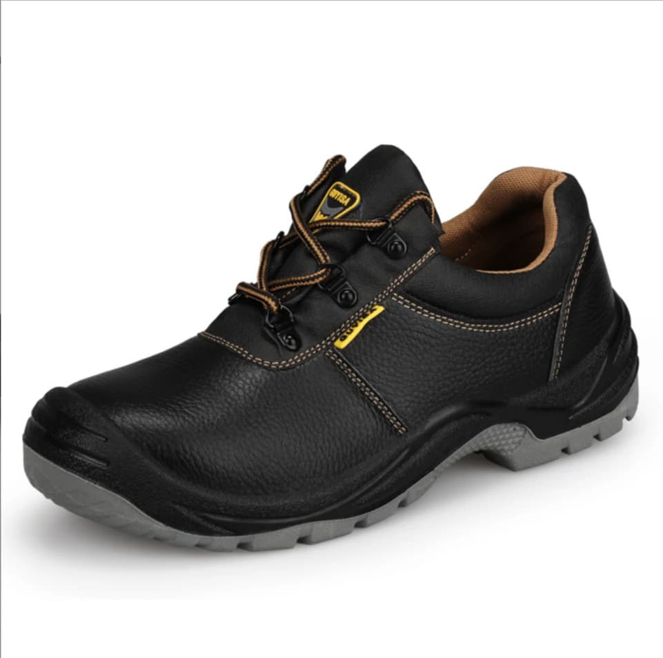 Black high-cut cowhide steel toe safety shoe, side view