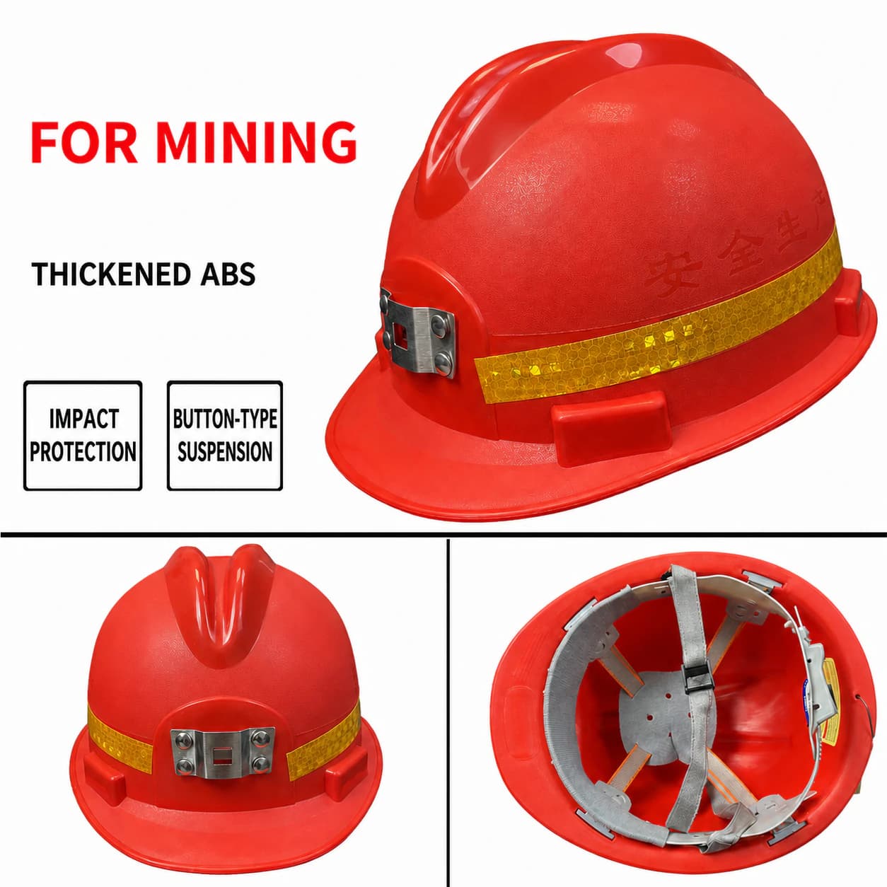Red mining safety helmet with yellow reflective strip