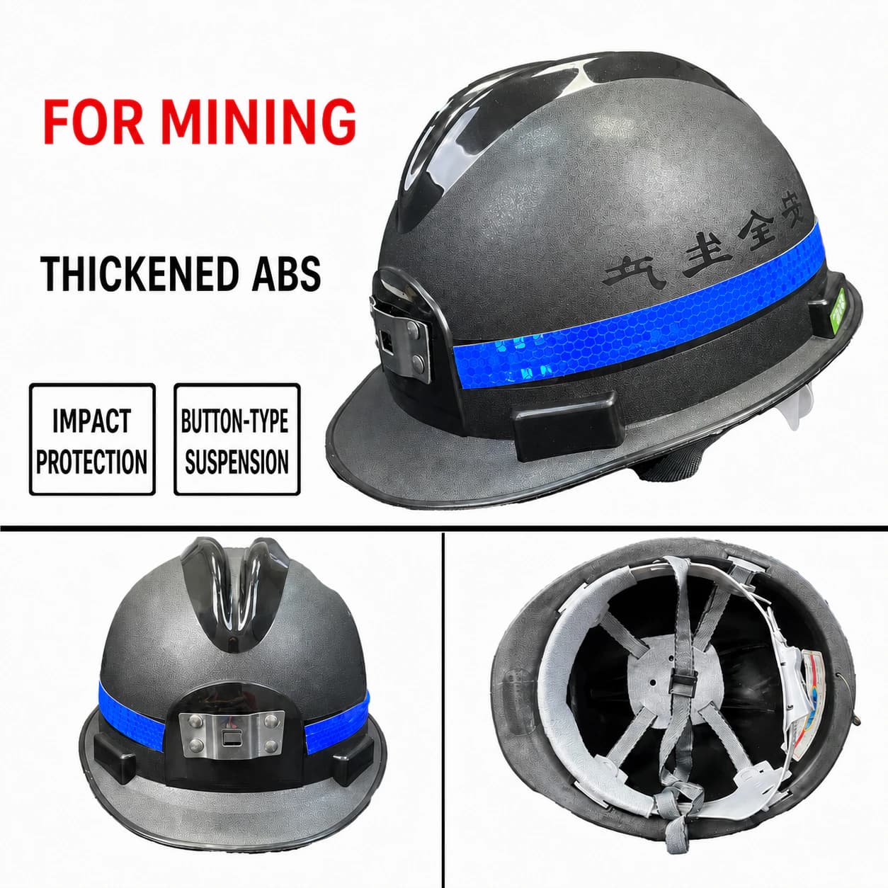 Black mining safety helmet with blue reflective strip
