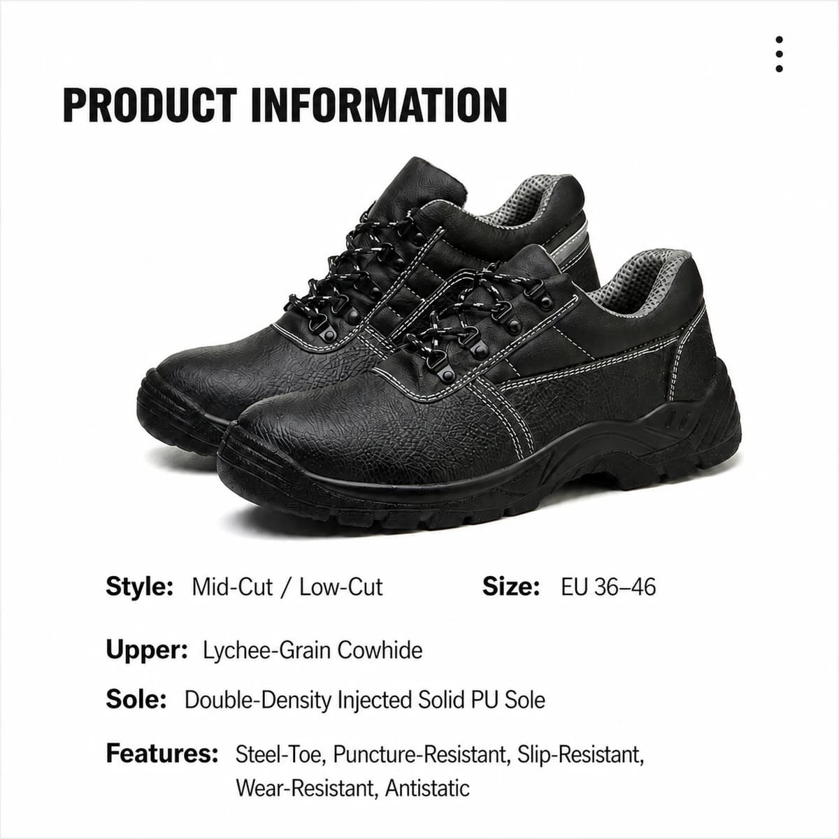 Black cowhide steel-toe safety shoes product information view