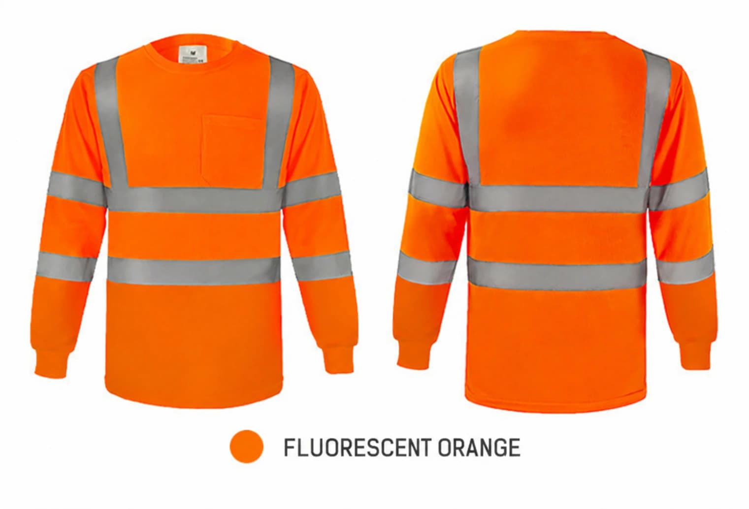 Fluorescent orange long sleeve crew-neck work shirt, front and back