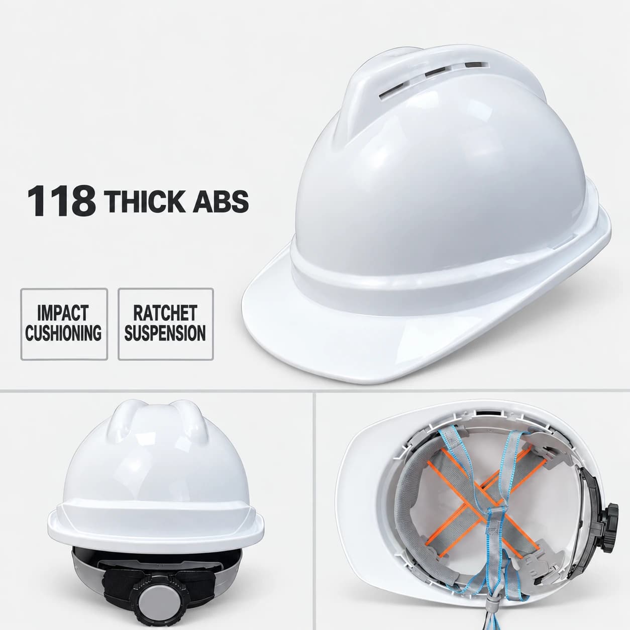 White vented safety helmet, exterior and ratchet suspension views
