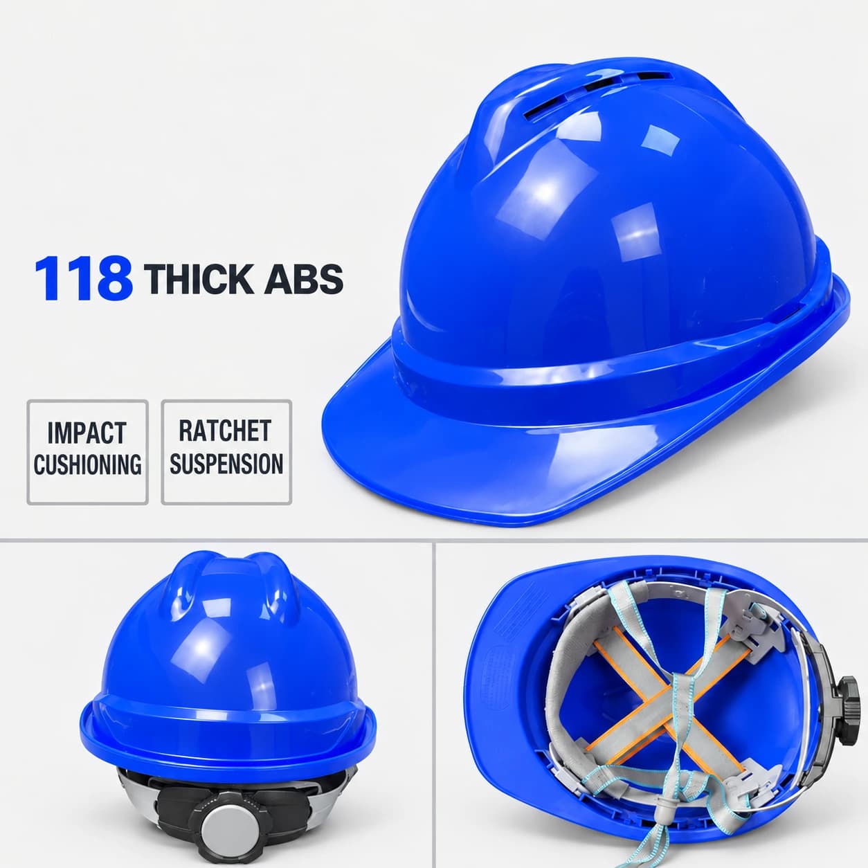 Blue vented safety helmet, exterior and ratchet suspension views
