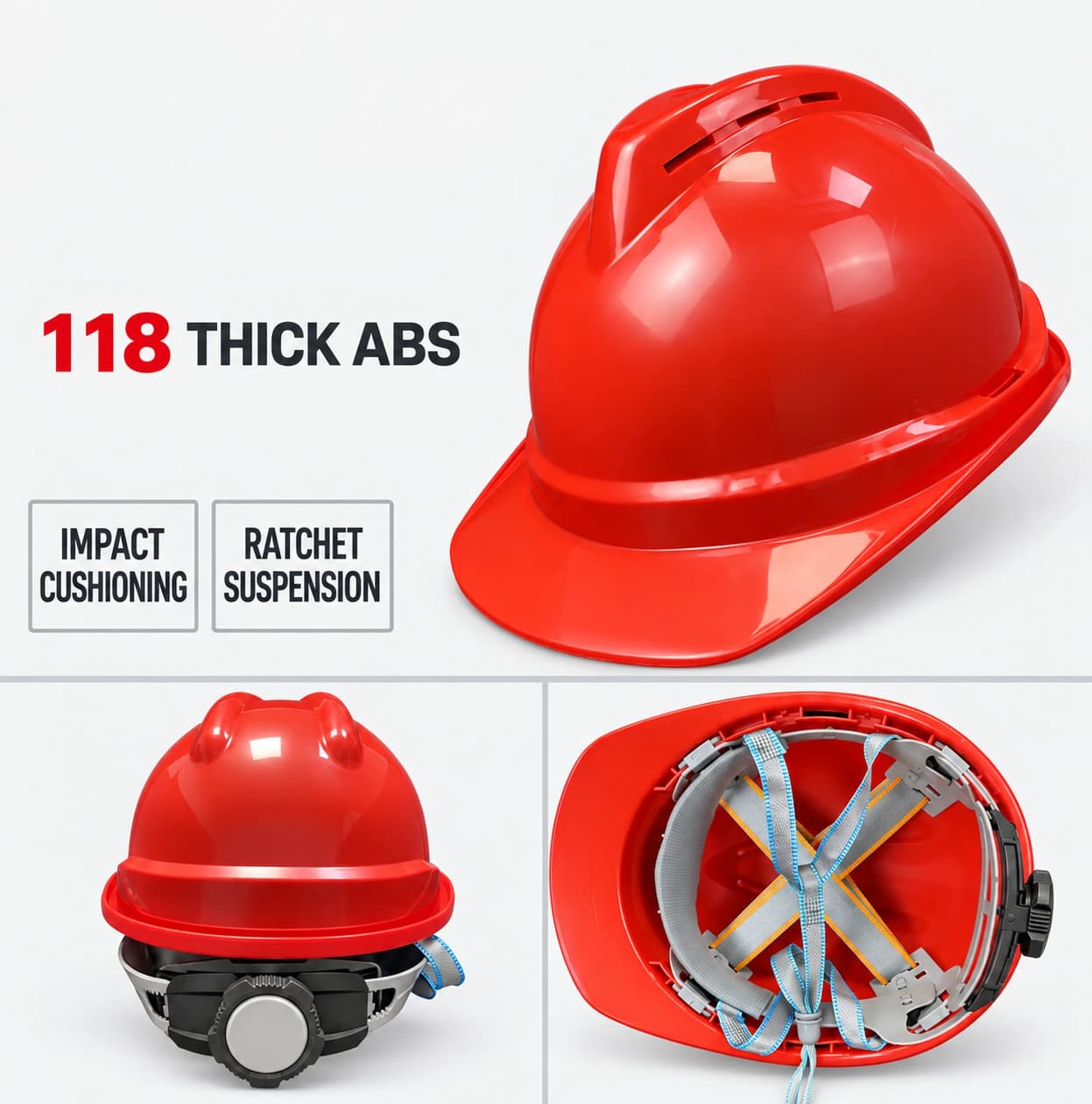 Red vented safety helmet, exterior and ratchet suspension views