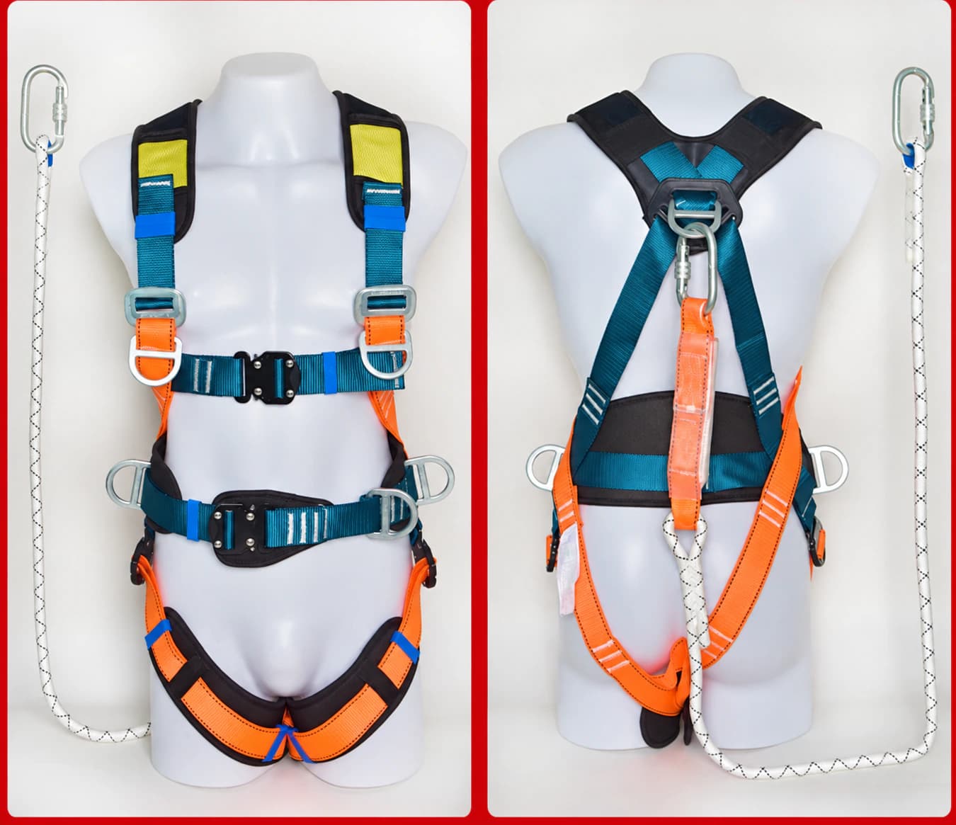 Quick-release safety harness front and rear views with twin small hooks