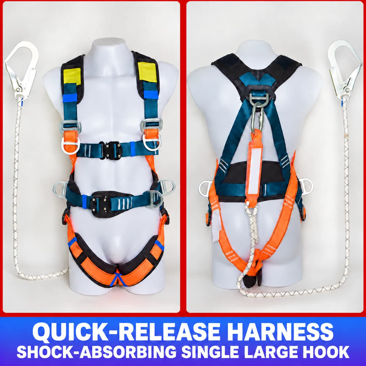 Quick-release safety harness with shock-absorbing single large hook