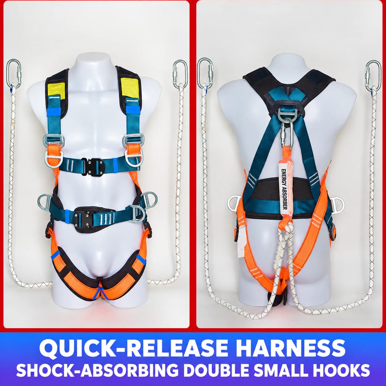 Quick-release safety harness with shock-absorbing twin small hooks