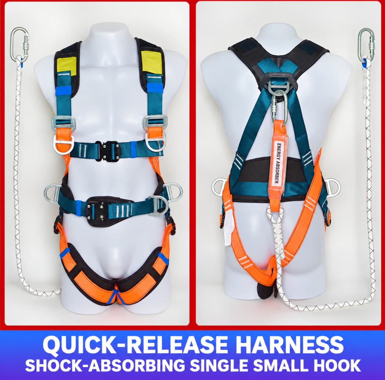 Quick-release safety harness with shock-absorbing single small hook
