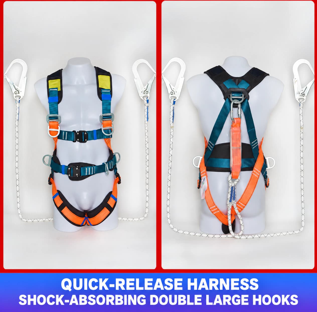 Quick-release safety harness with shock-absorbing twin large hooks