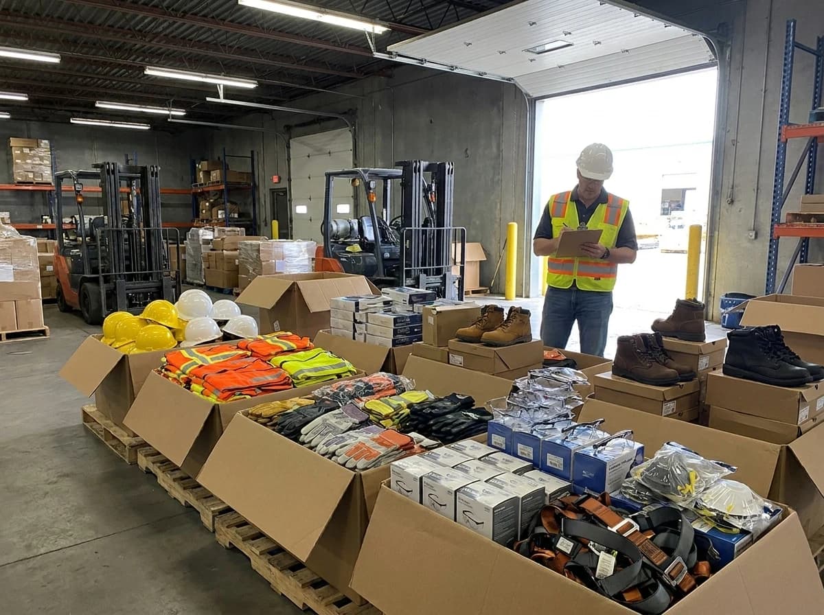 A procurement checklist connects site hazards, standards, sizing, packaging, replacement stock, and issue control.