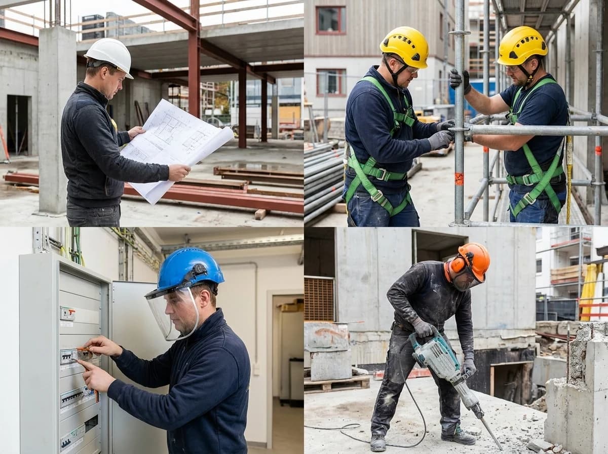 Different construction tasks call for different head protection priorities, from general access to electrical and scaffold work.