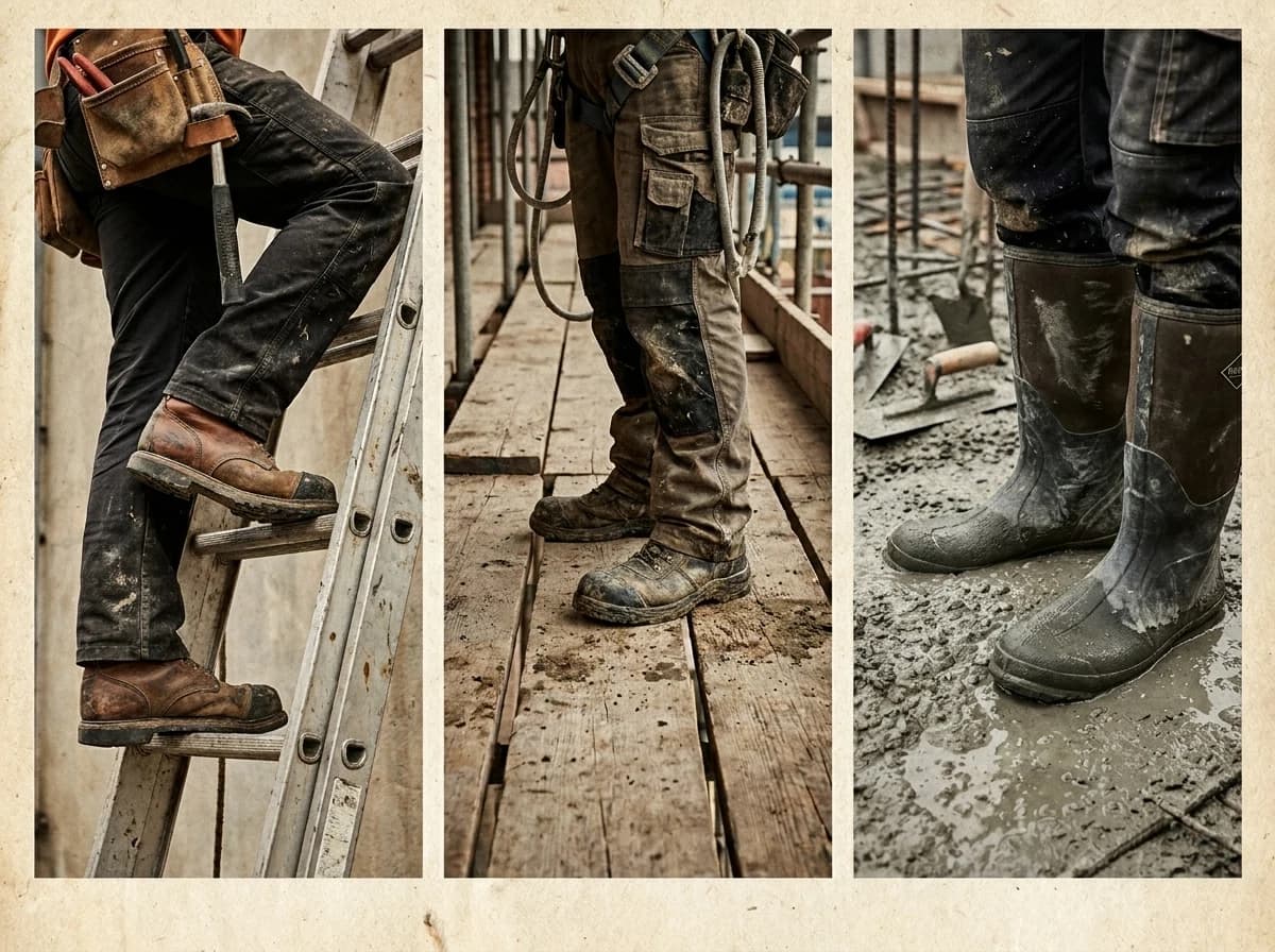 Each construction sub-trade — electrician, scaffolder, concrete worker — has its own footwear priorities.