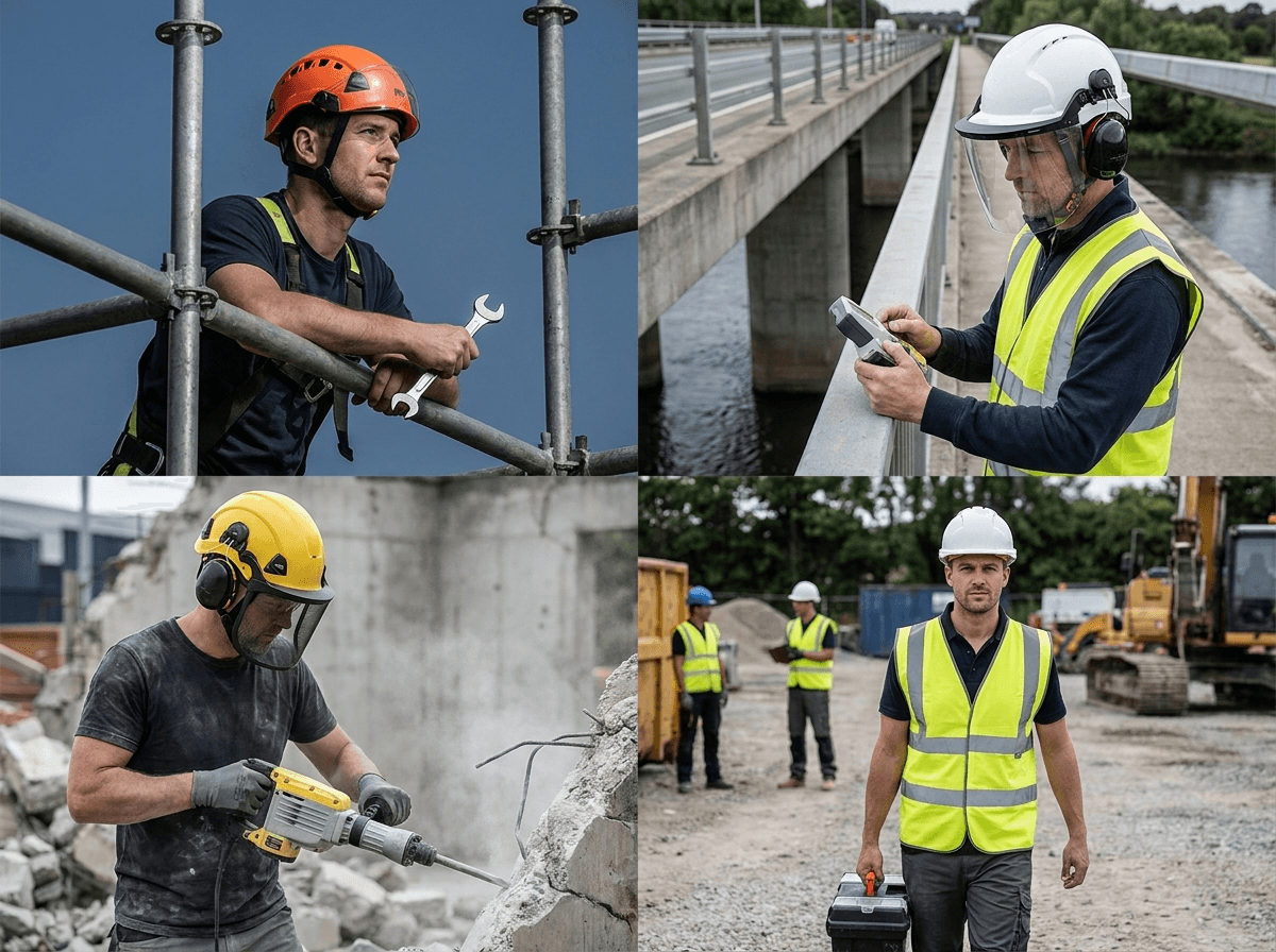 Scaffolding, steel work, bridge work, demolition, roofing, and congested structures often make retention and side impact more important.
