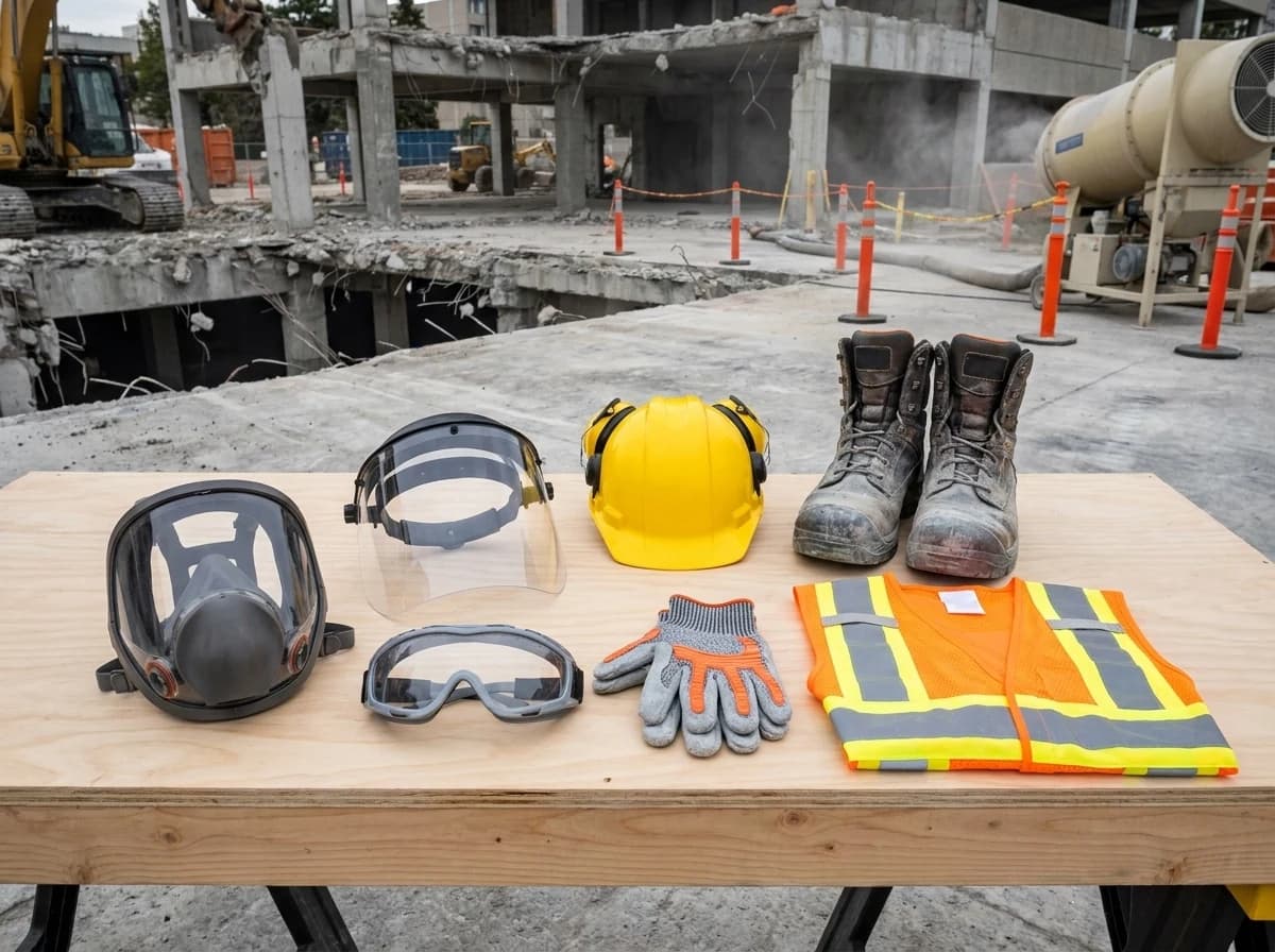 A demolition PPE checklist should confirm silica controls, impact protection, hearing protection, gloves, footwear, visibility, and fall exposure before work starts.