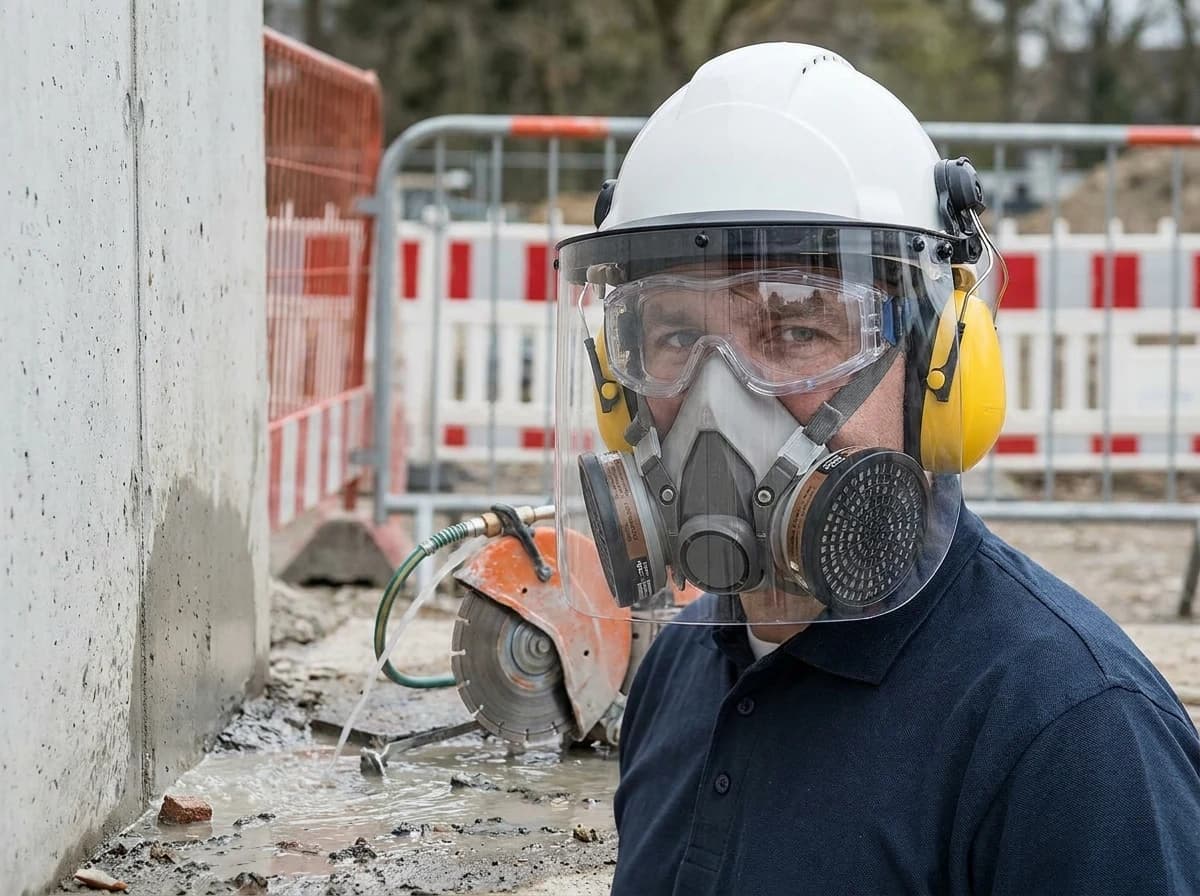 Goggles, safety glasses, and face shields should be selected around flying fragments, dust, slurry, and cutting exposure.