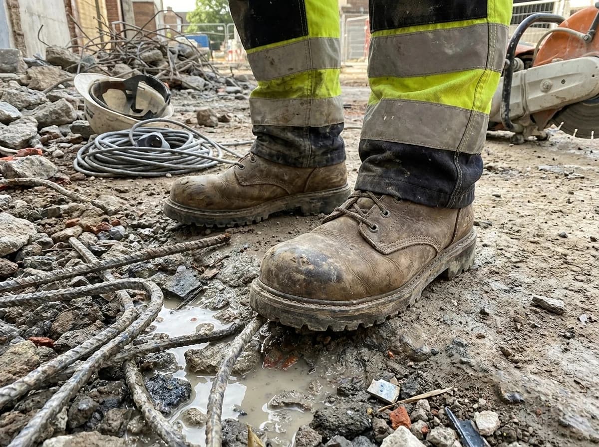 Demolition footwear should cover toe impact, puncture hazards, slip risk, metatarsal exposure, wet slurry, and uneven debris.