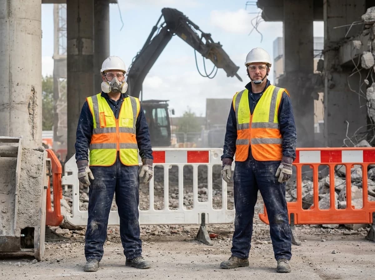 Head protection, hi-vis clothing, and protective workwear help crews stay visible and protected as demolition conditions change.