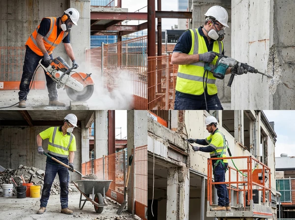 Task-based PPE matrices help supervisors separate concrete cutting, jackhammering, strip-out, debris handling, and elevated demolition.