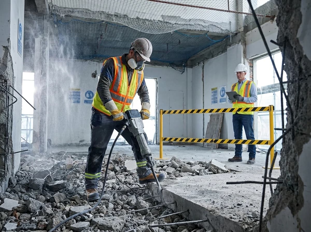 Demolition changes the jobsite while workers are inside it, so the PPE routine has to adjust by task and exposure.