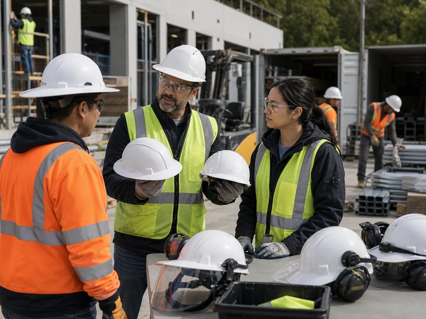 Different construction crews can need different brim styles inside one contractor head protection order.
