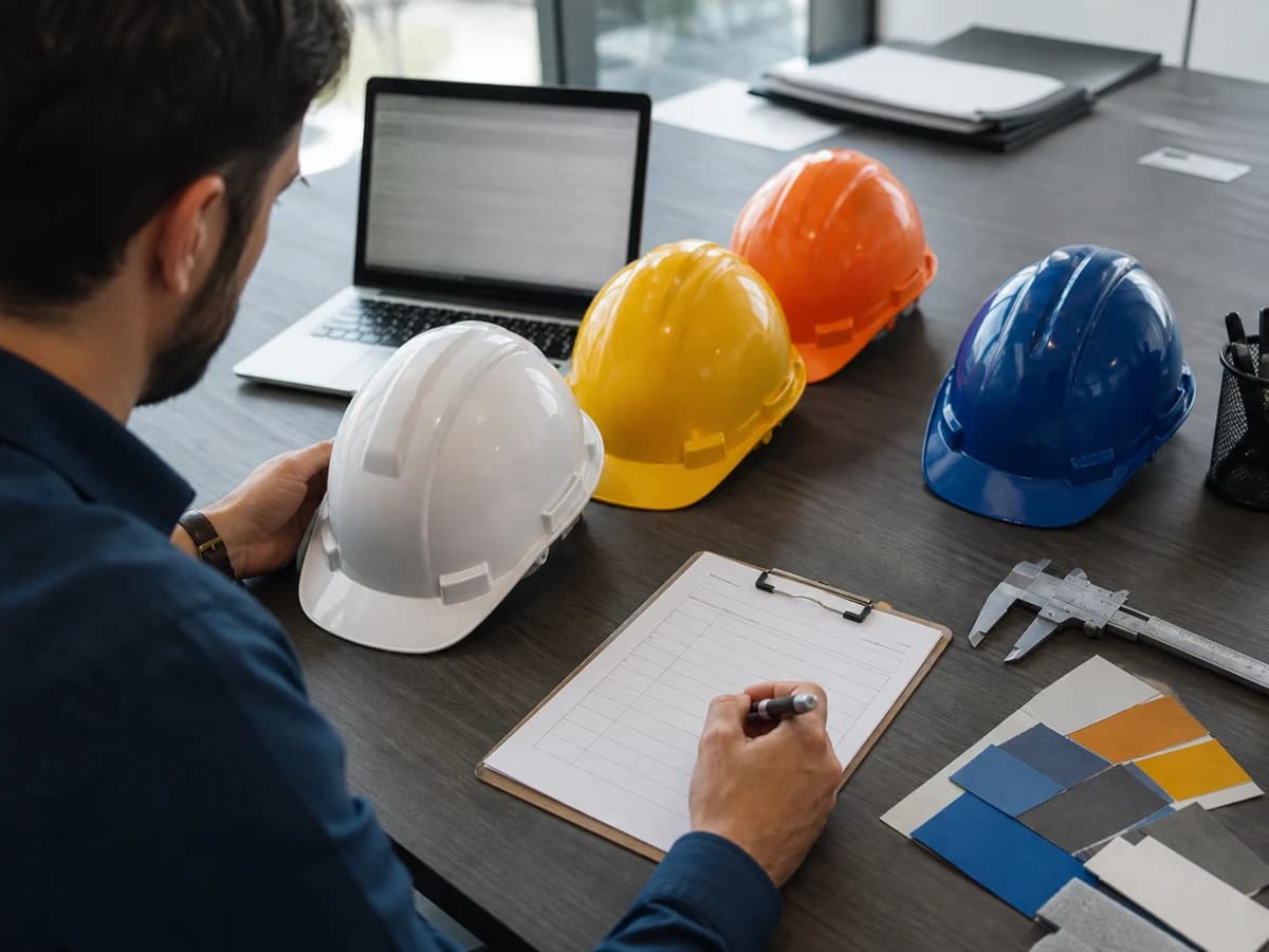 A strong hard hat RFQ requests colors by role while keeping Type, Class, shell style, accessories, samples, and documents visible.