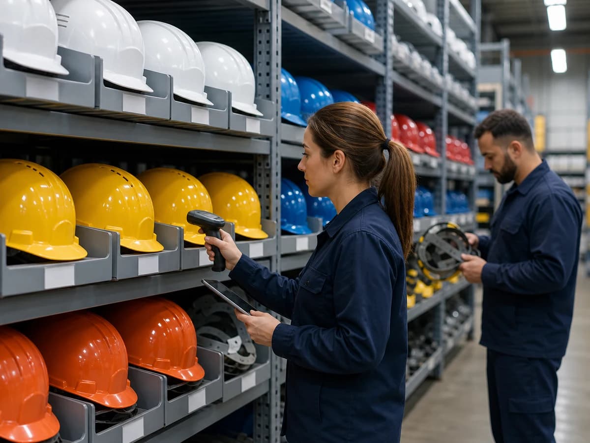 Color-coded head protection programs need controlled bins, reorder SKUs, replacement parts, and separation by electrical class.