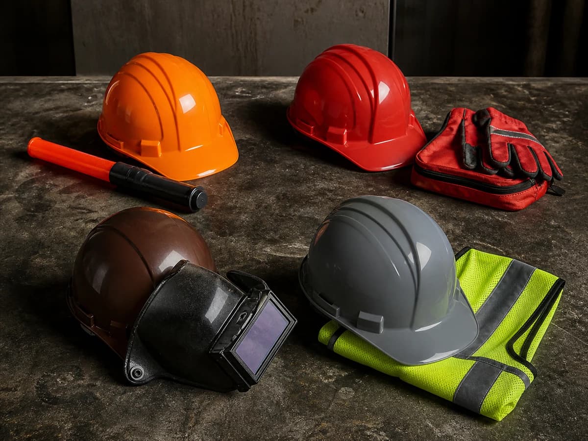 Orange, red, brown, and gray hard hats can help identify traffic roles, emergency duties, hot work, visitors, or spare stock.