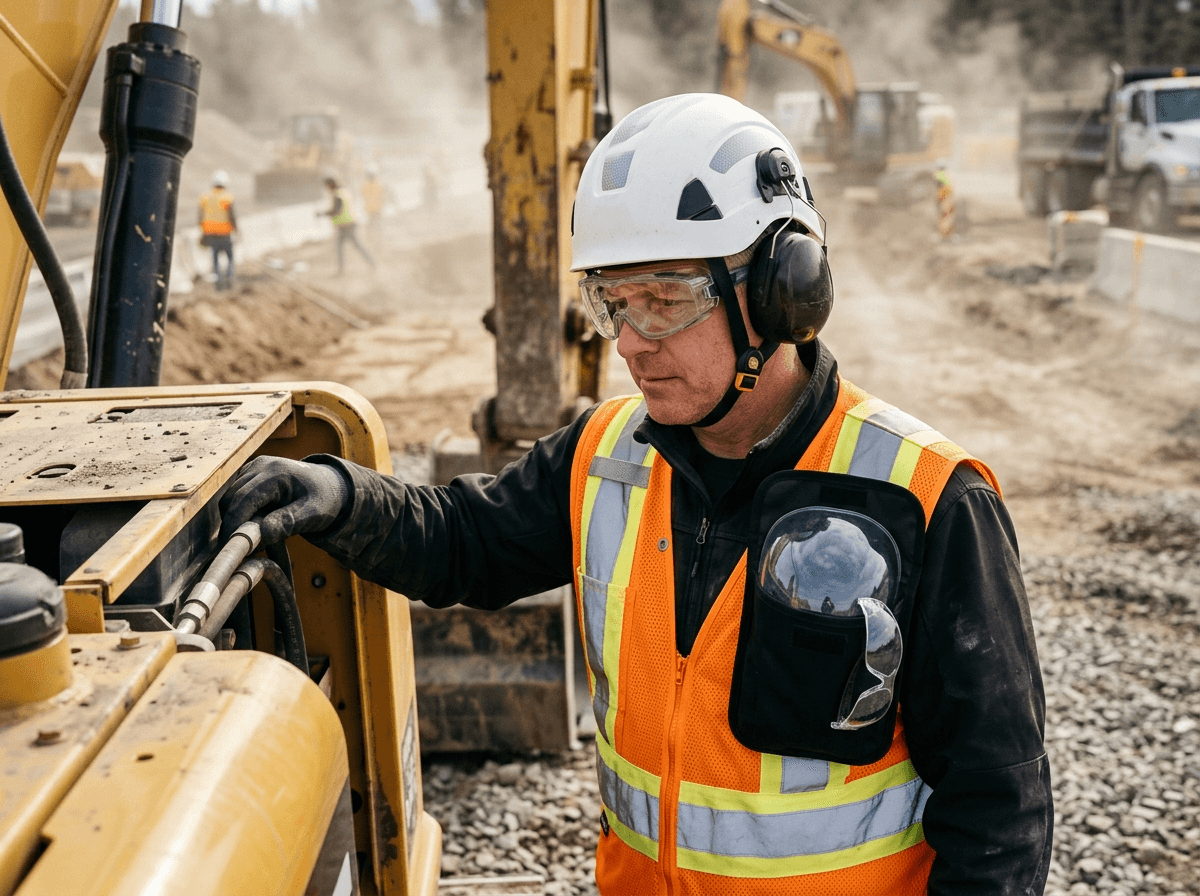 Operators need eyewear that works for dust, wind, flying particles, walk-around checks, and open-cab conditions.