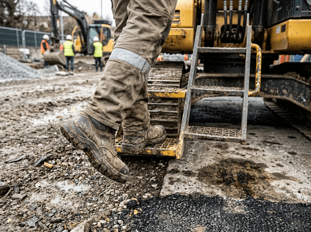 Operator footwear must work on machine steps, pedals, gravel, mud, asphalt, bridge decks, and oily service areas.