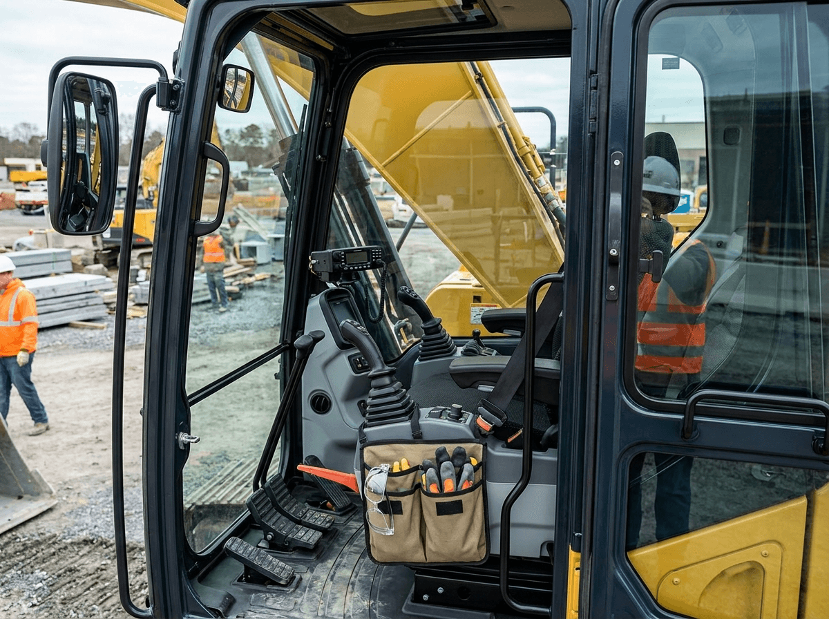 The cab is part of the safety system, but operators still need clean, reachable PPE for inspections, communication, and emergency exit.