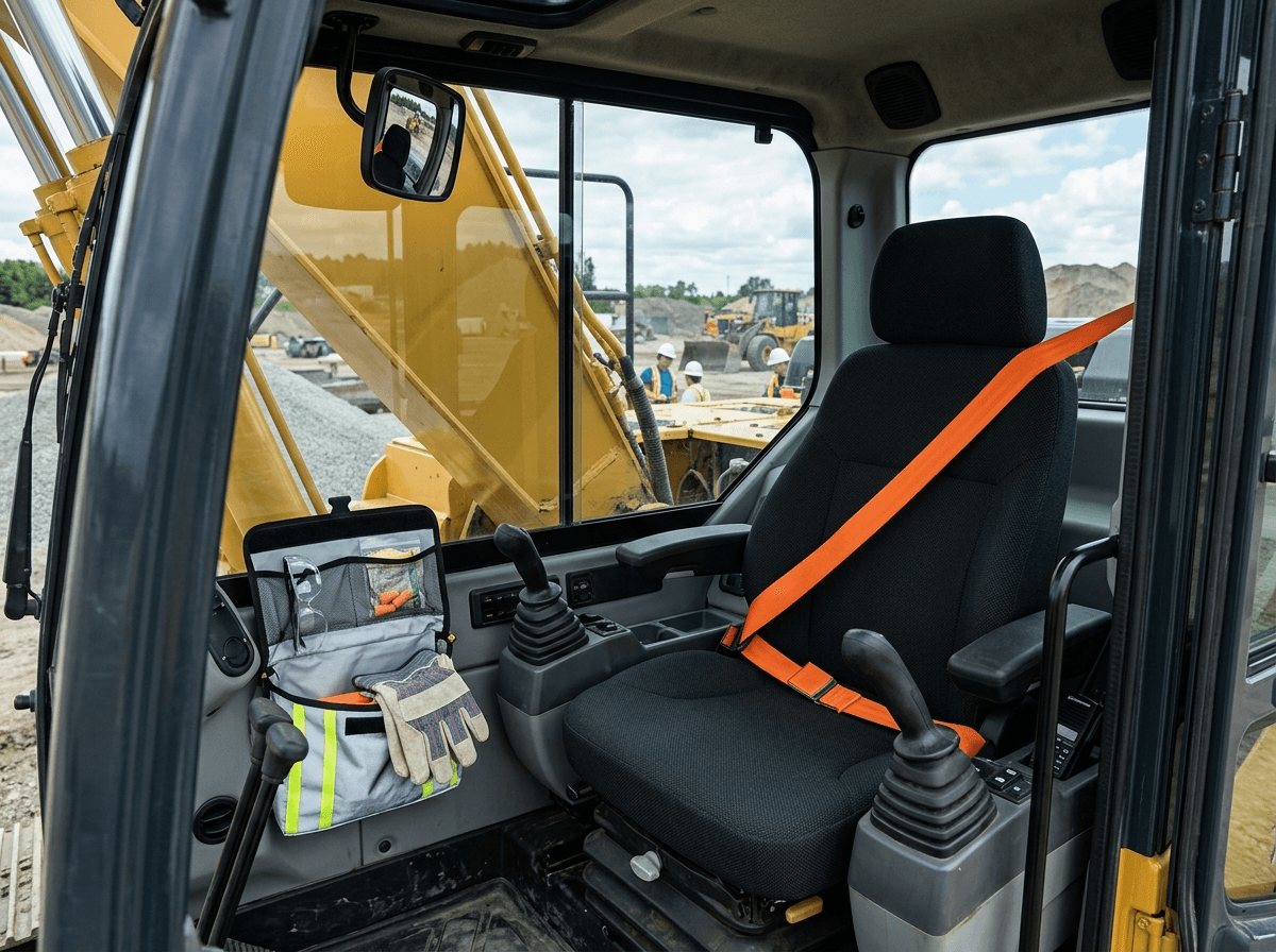 The cab is part of the safety system, but operators still need clean, reachable PPE for inspections, communication, and emergency exit.