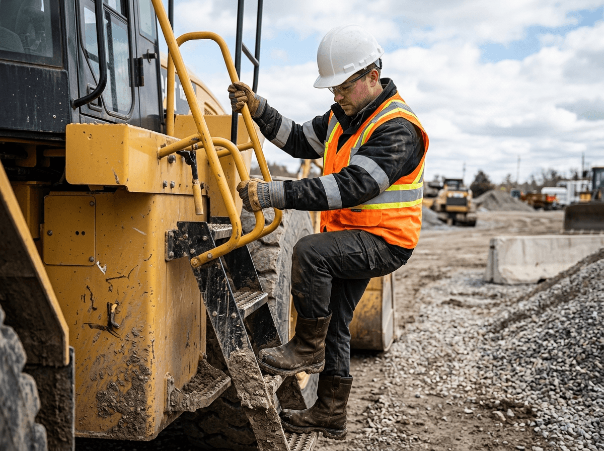 Mounting and dismounting expose operators to slips, worn steps, mud, oil, poor lighting, and uneven ground.