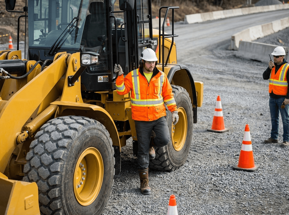 When operators leave the cab, hi-vis clothing, head protection, eye protection, gloves, boots, and hearing protection become immediate field requirements.