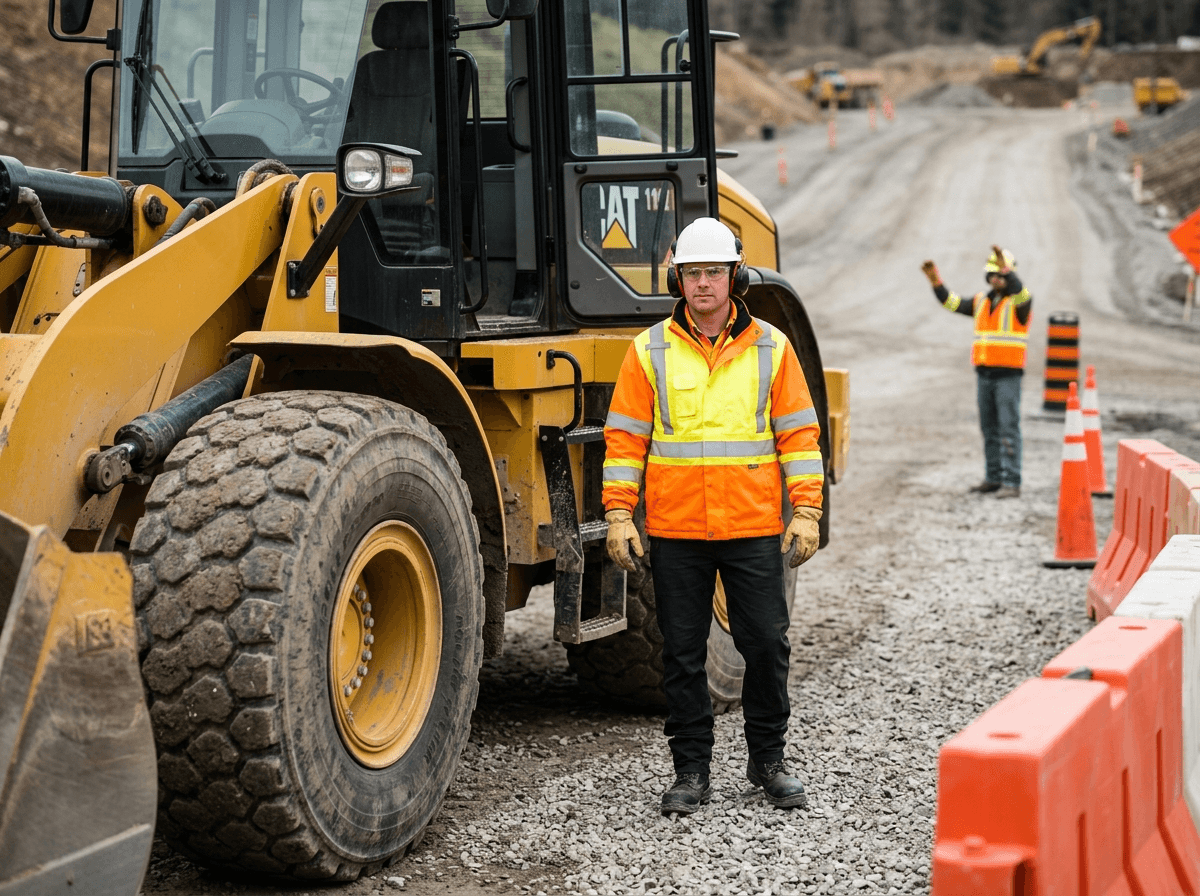 When operators leave the cab, hi-vis clothing, head protection, eye protection, gloves, boots, and hearing protection become immediate field requirements.