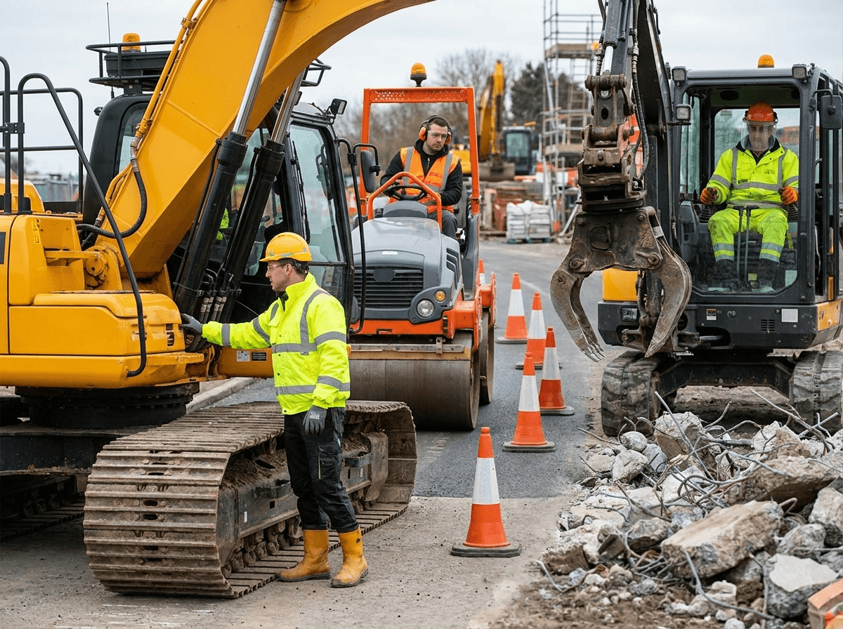 A task-based matrix helps supervisors adjust operator PPE when the work moves from cab operation to roadwork, demolition, inspection, or night work.