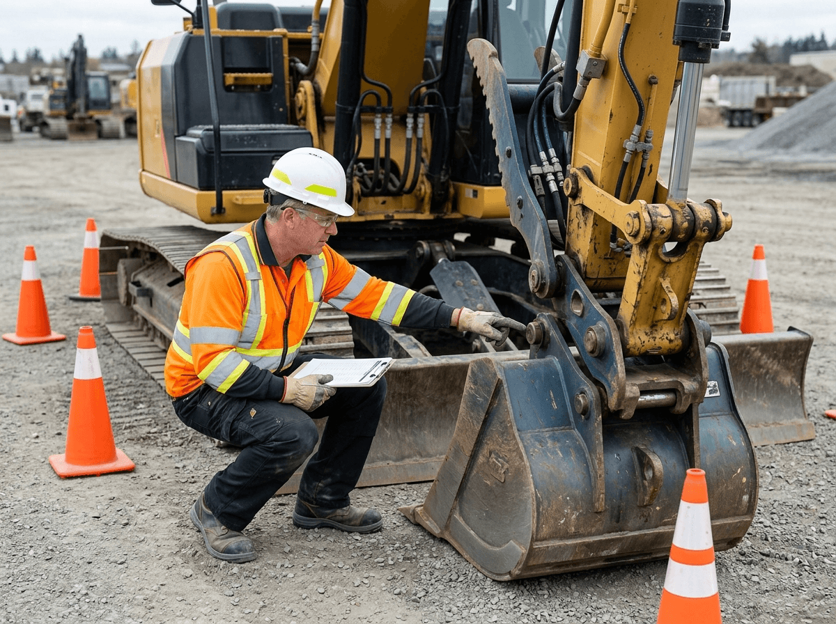 Daily walk-around inspections require eye, hand, foot, head, and visibility protection because operators work close to attachments, hydraulic lines, and damaged surfaces.