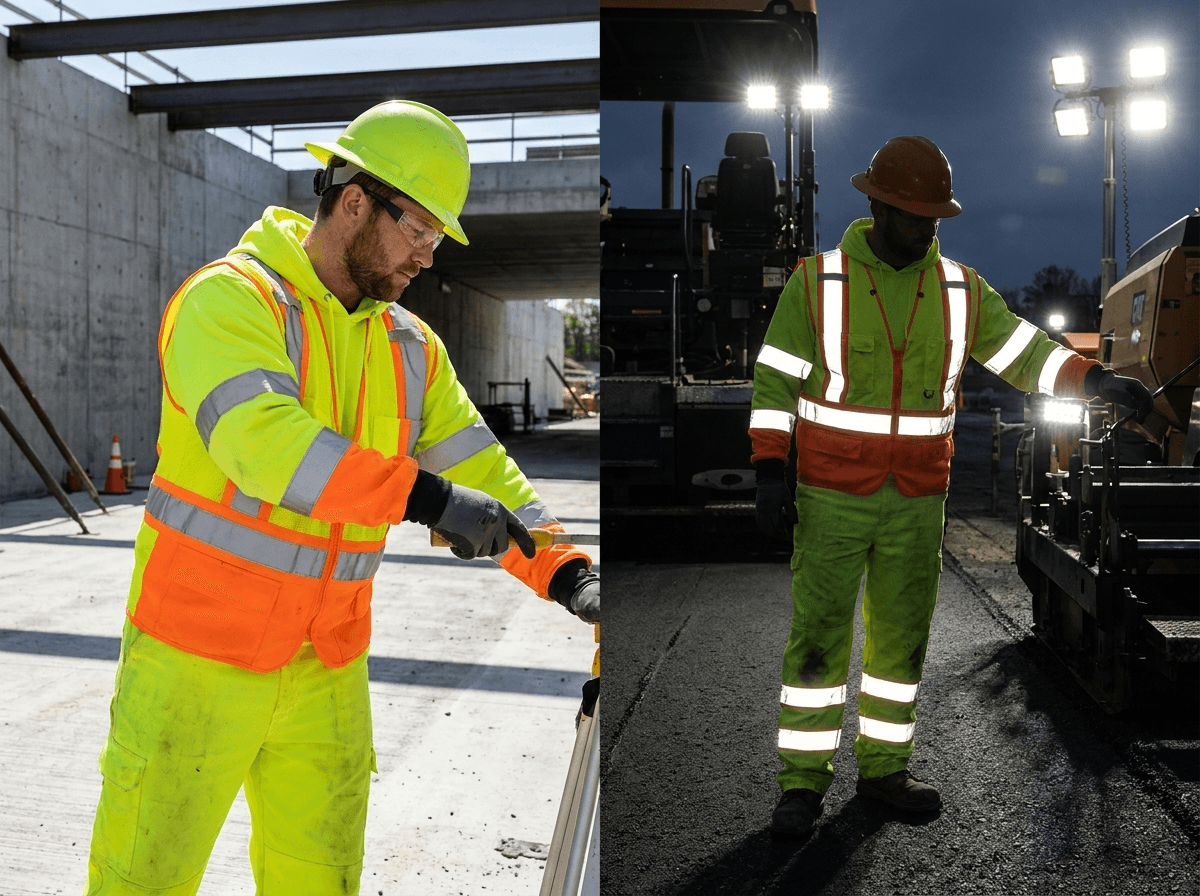 Fluorescent background material supports daytime visibility while retroreflective tape supports low-light recognition.