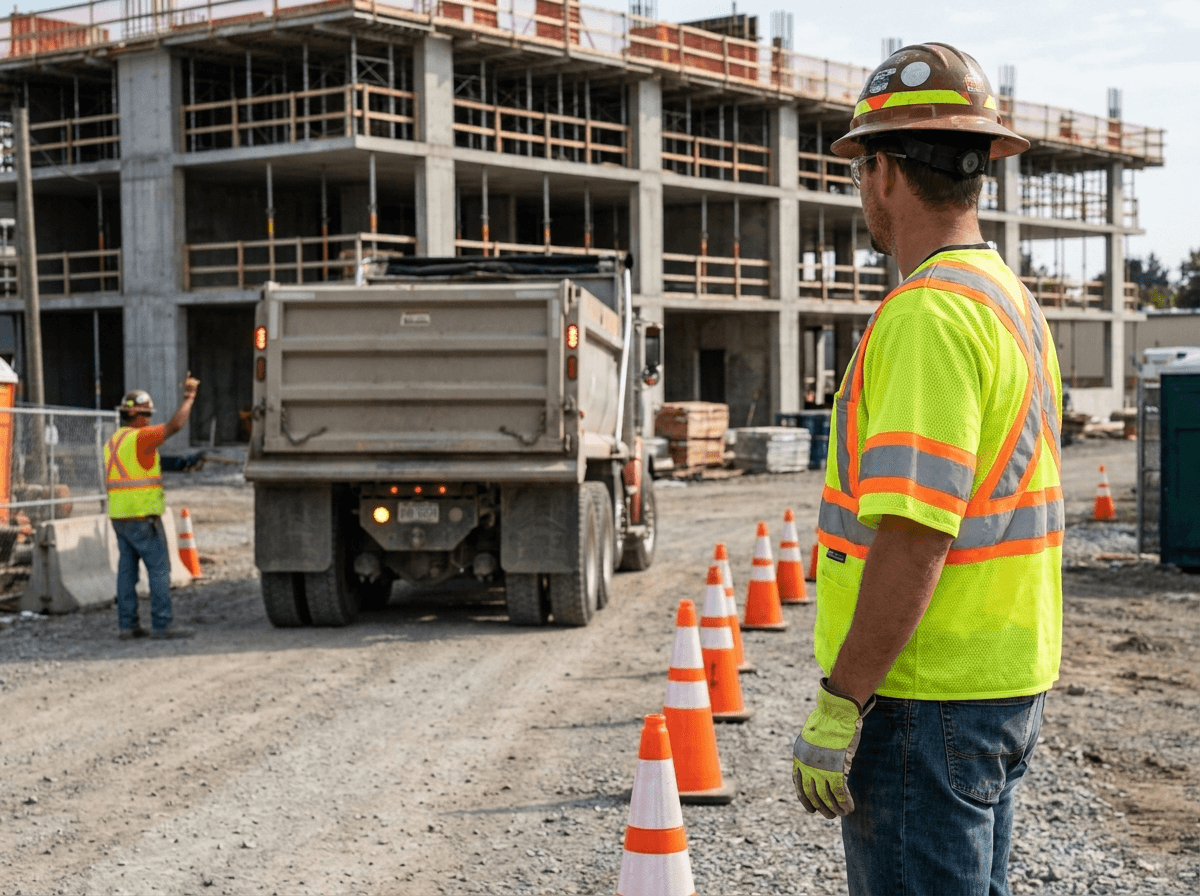High-visibility clothing helps construction workers stand out around vehicles, equipment, low light, and busy jobsite backgrounds.