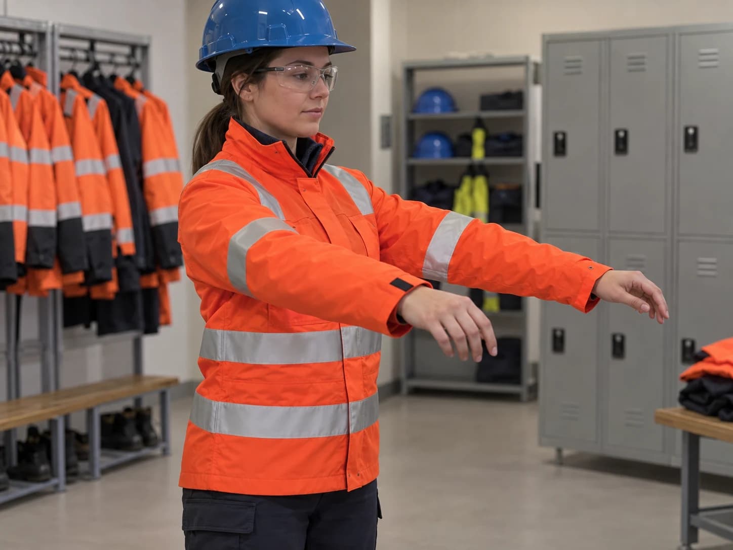 Trial closure, reach and seasonal layers in a controlled fitting area before approving the complete clothing configuration.