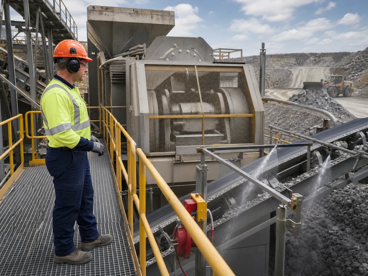 Crusher checks combine guarding, dust and noise controls, safe access, startup warnings, and task-specific PPE.