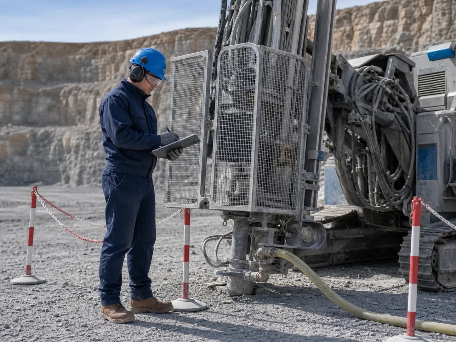 Drilling PPE decisions follow ground conditions, guarding, dust controls, measured noise, work position, and equipment instructions.