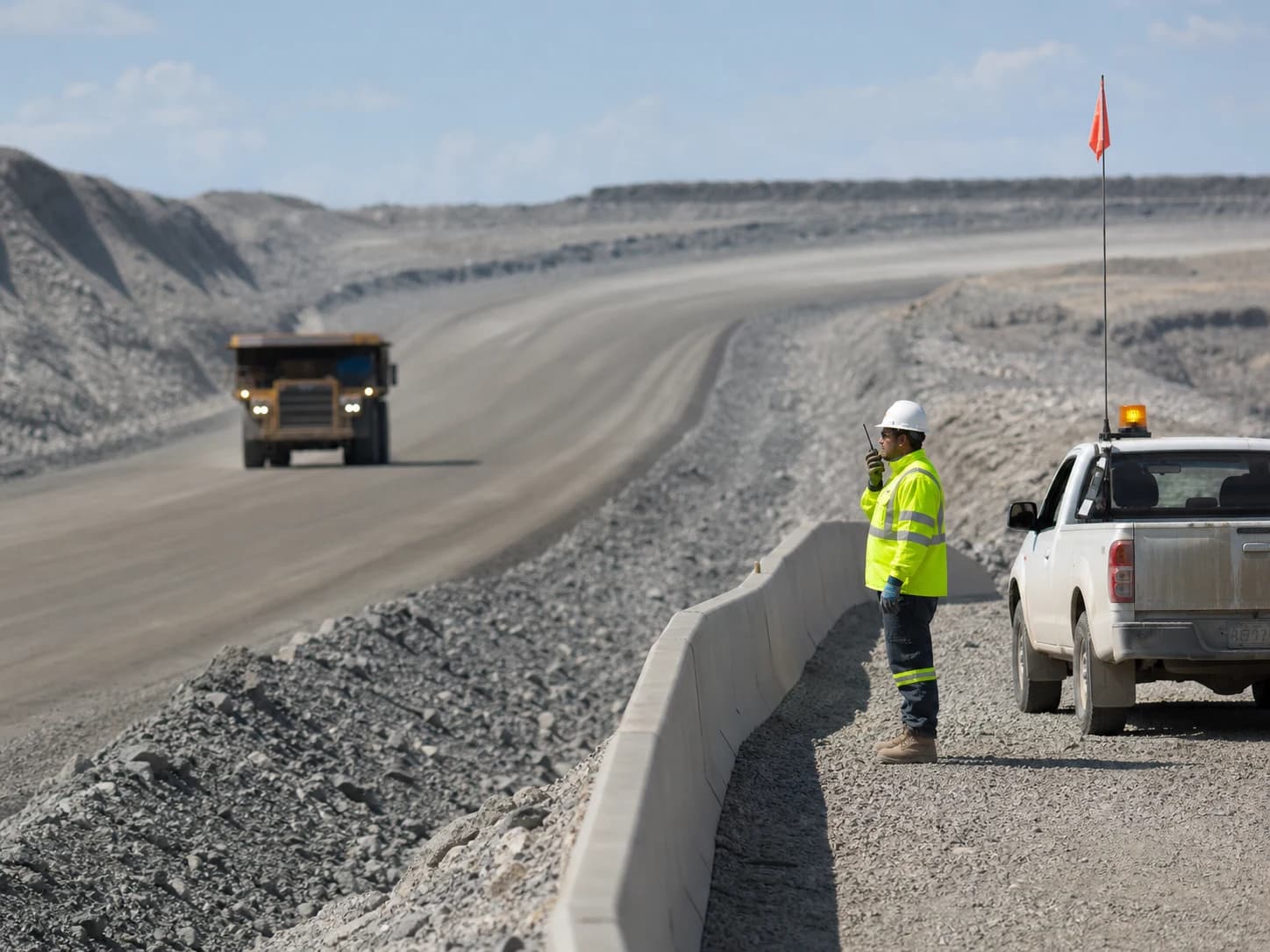 Haul-road readiness connects traffic separation, visibility, communication, road condition, vehicle inspection, and outside-cab PPE.