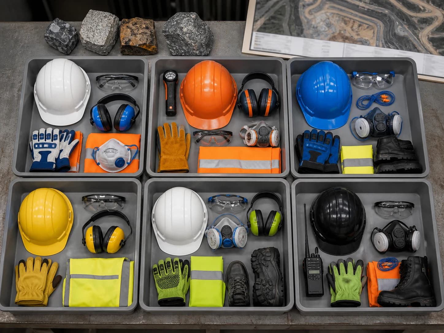 A task matrix separates drilling, blasting, crushing, screening, haul-road, and maintenance checks before PPE is issued.