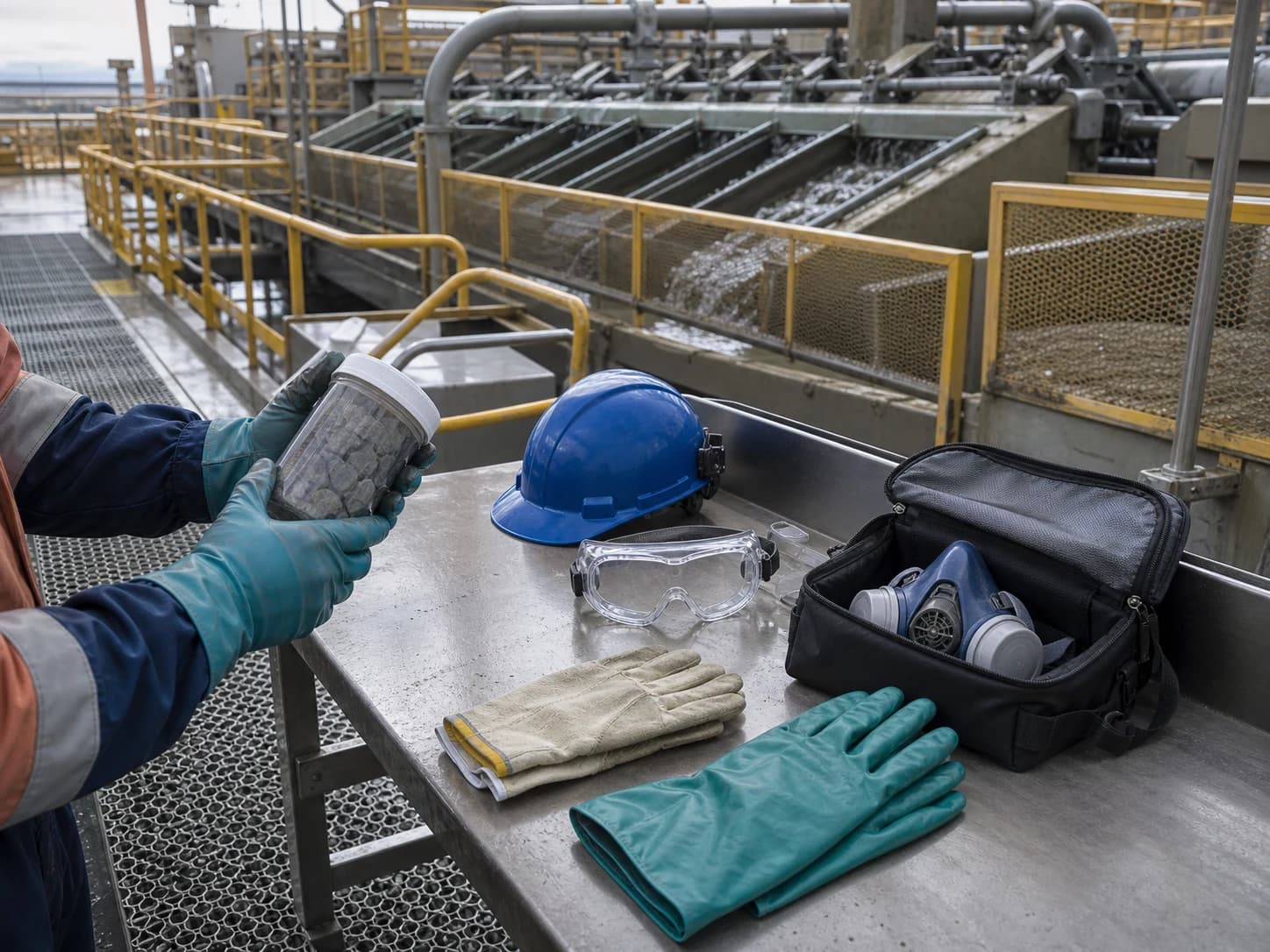 Processing PPE changes between normal operation, sampling, cleanup, reagent handling, and maintenance access.