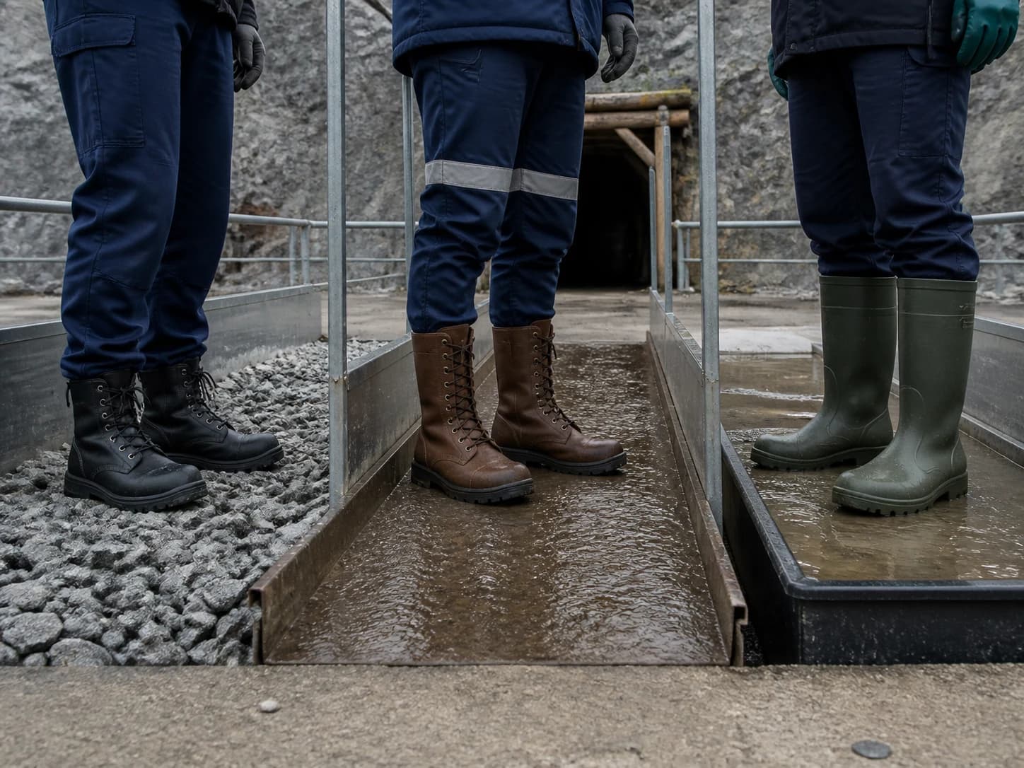 Open-pit routes, underground travelways, quarry processing, and maintenance areas require different footwear trials.