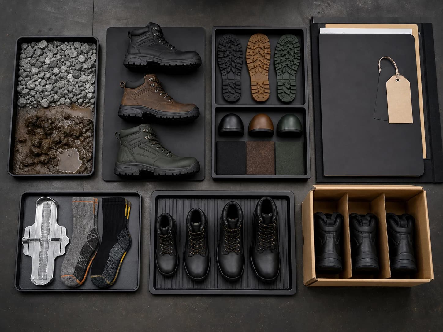 A mining footwear brief moves from work-area hazards through evidence, fit trials, controlled variants, and replacement planning.